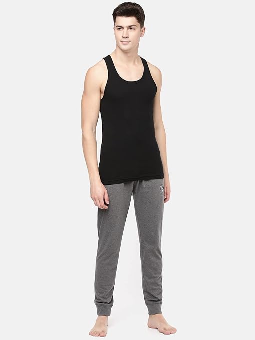 Men's Solid Black Cotton Ribbed Gym Vest