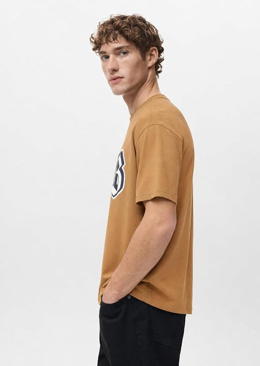 Men's Tan Brown Varsity Graphic Oversized T-Shirt