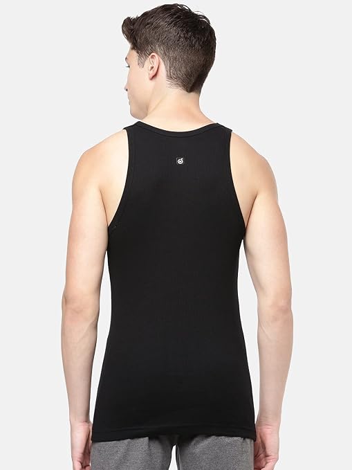 Men's Solid Black Cotton Ribbed Gym Vest