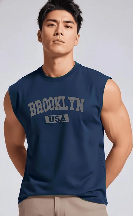 Men's Navy Blue 'Brooklyn USA' Sleeveless Muscle Vest