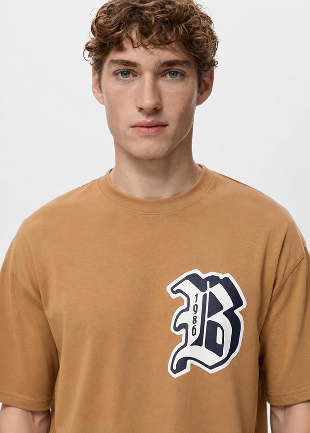 Men's Tan Brown Varsity Graphic Oversized T-Shirt