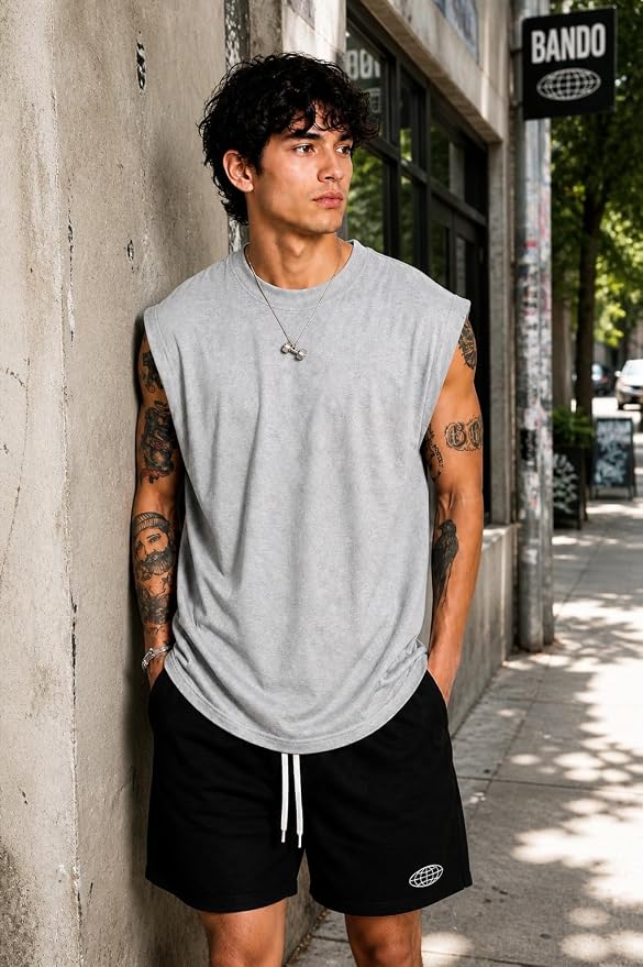 Men's Grey Melange Oversized Muscle Fit Tank Top