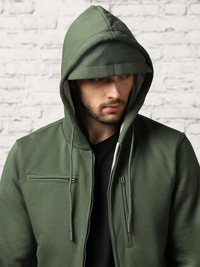 Men's Olive Green Multi-Pocket Full-Zip Hoodie