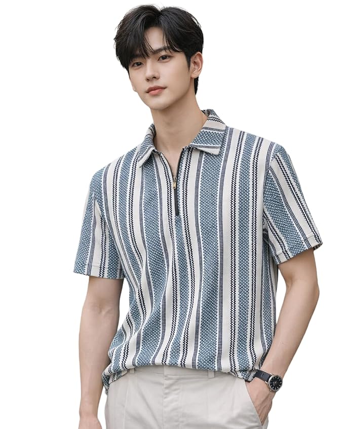 Men's Textured Striped Half-Zip Polo T-Shirt