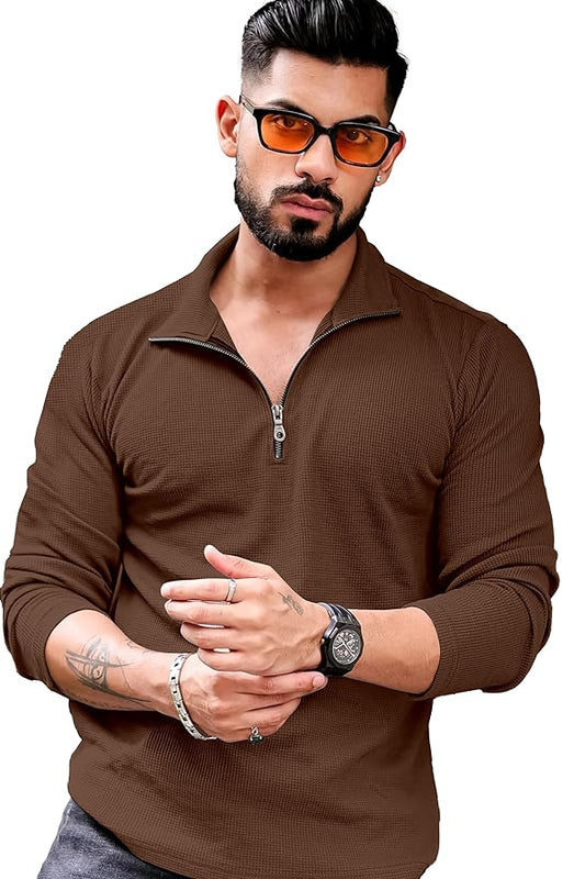 Men's Brown Half-Zip Textured Sweatshirt