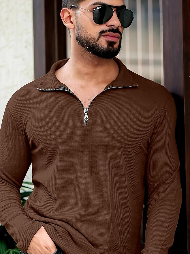 Men's Brown Half-Zip Textured Sweatshirt