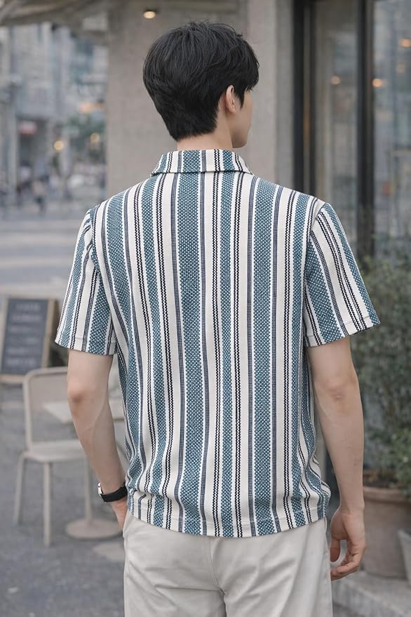 Men's Textured Striped Half-Zip Polo T-Shirt