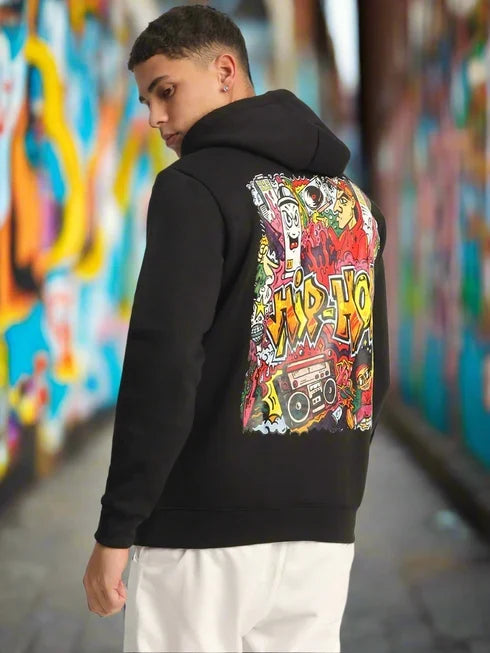 Lzuri Fashion Hip-Hop Back Printed Black Winter Hoodie for Men