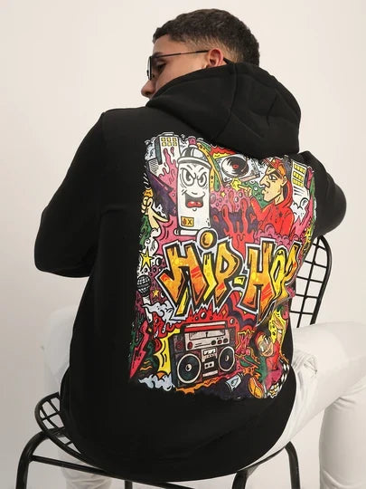 Lzuri Fashion Hip-Hop Back Printed Black Winter Hoodie for Men