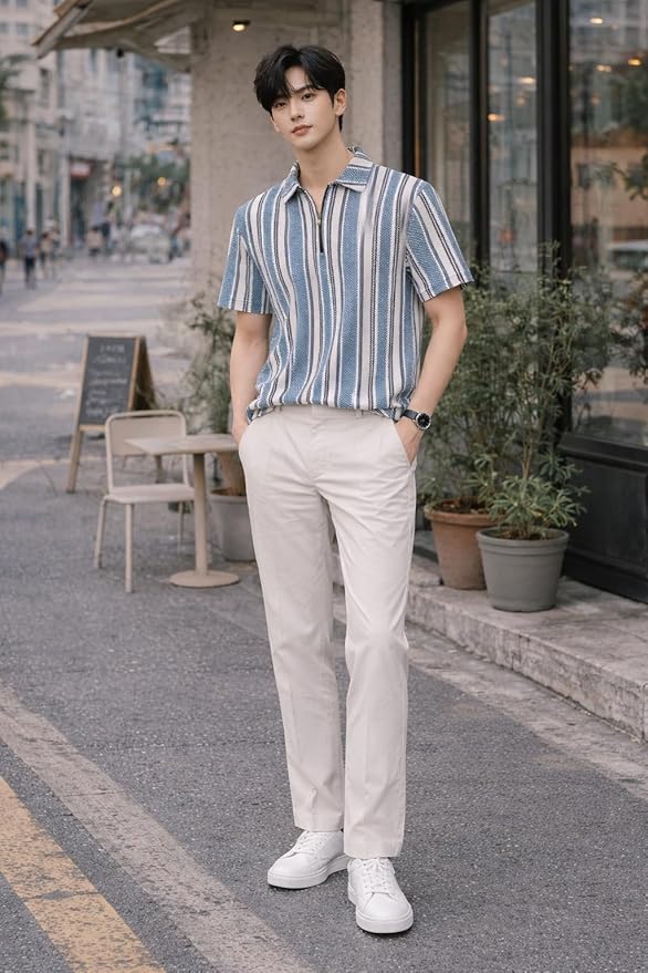 Men's Textured Striped Half-Zip Polo T-Shirt