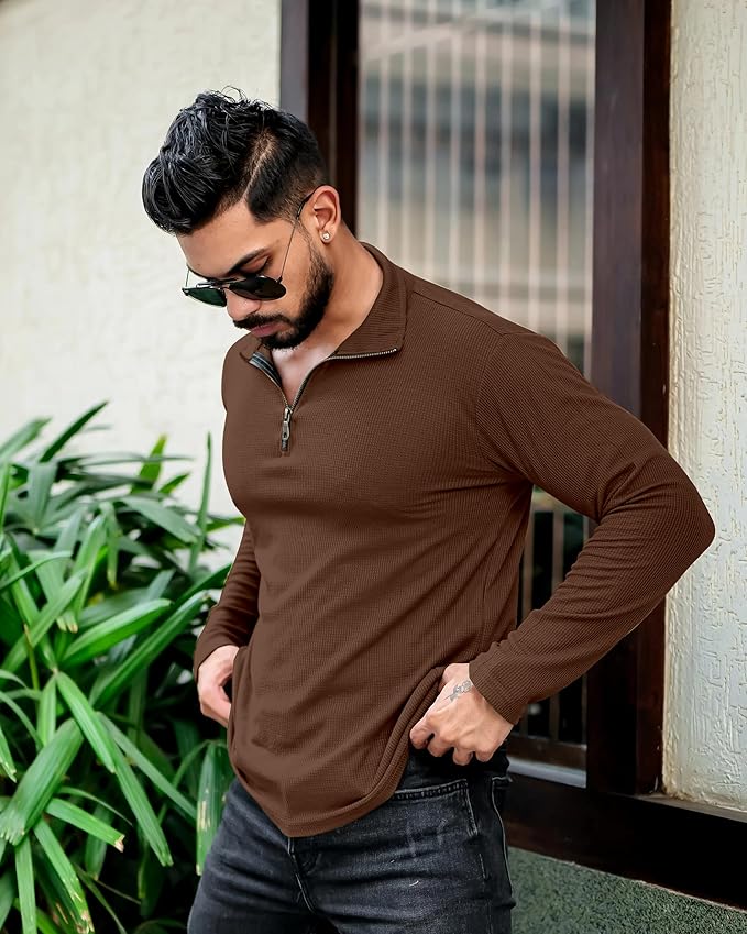 Men's Brown Half-Zip Textured Sweatshirt
