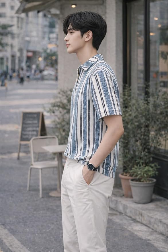 Men's Textured Striped Half-Zip Polo T-Shirt