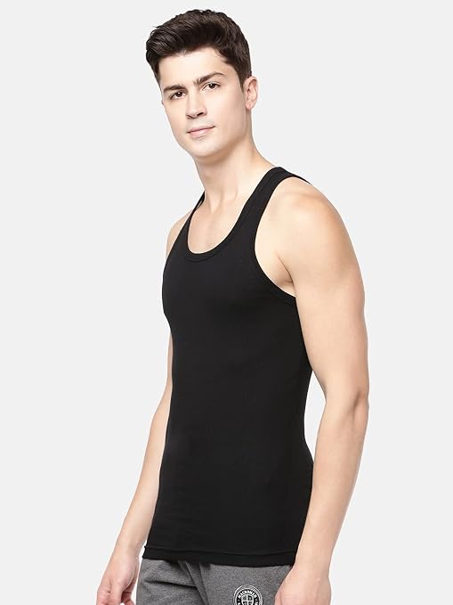 Men's Solid Black Cotton Ribbed Gym Vest