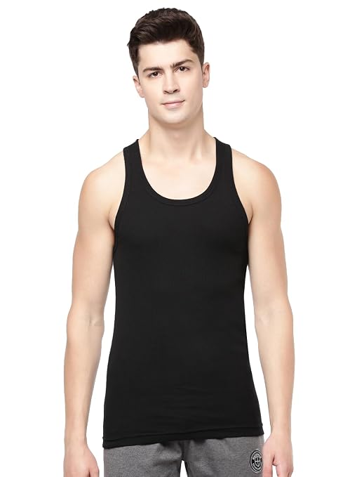 Men's Solid Black Cotton Ribbed Gym Vest