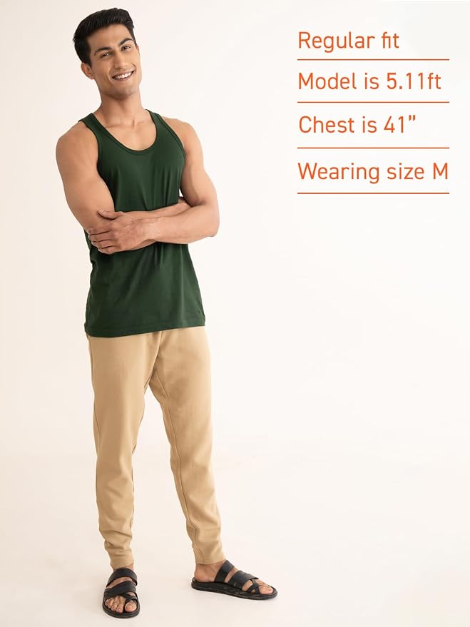 Men's Dark Green Solid Cotton Gym Tank Top Vest