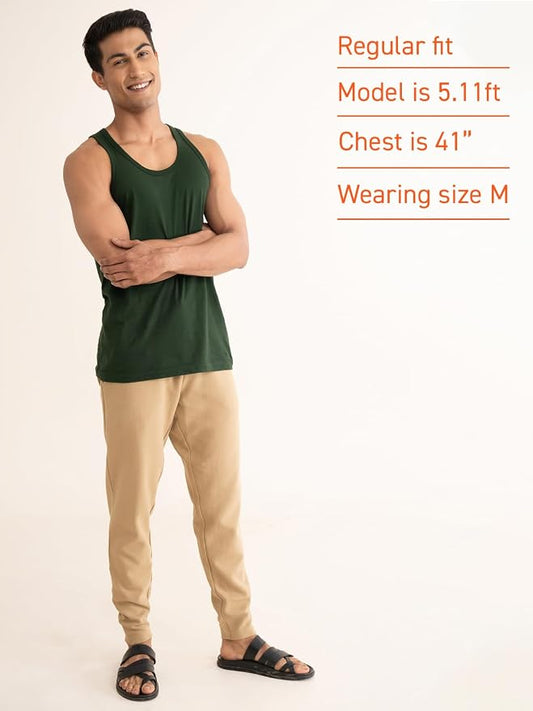 Men's Dark Green Solid Cotton Gym Tank Top Vest