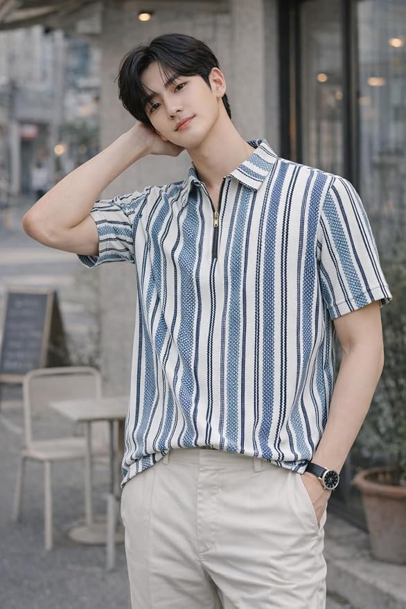 Men's Textured Striped Half-Zip Polo T-Shirt