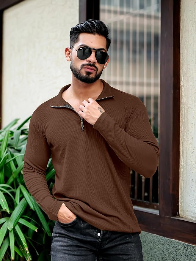 Men's Brown Half-Zip Textured Sweatshirt