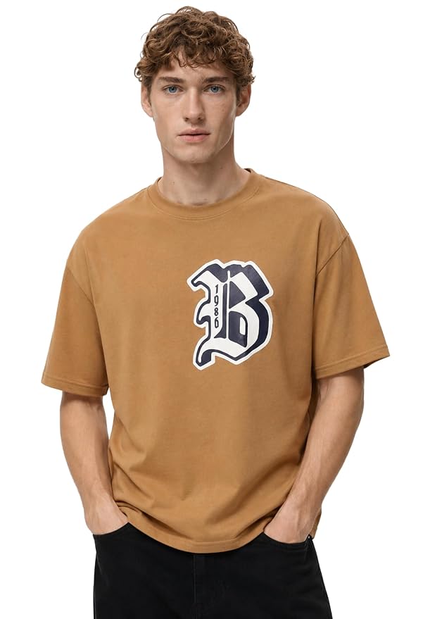Men's Tan Brown Varsity Graphic Oversized T-Shirt