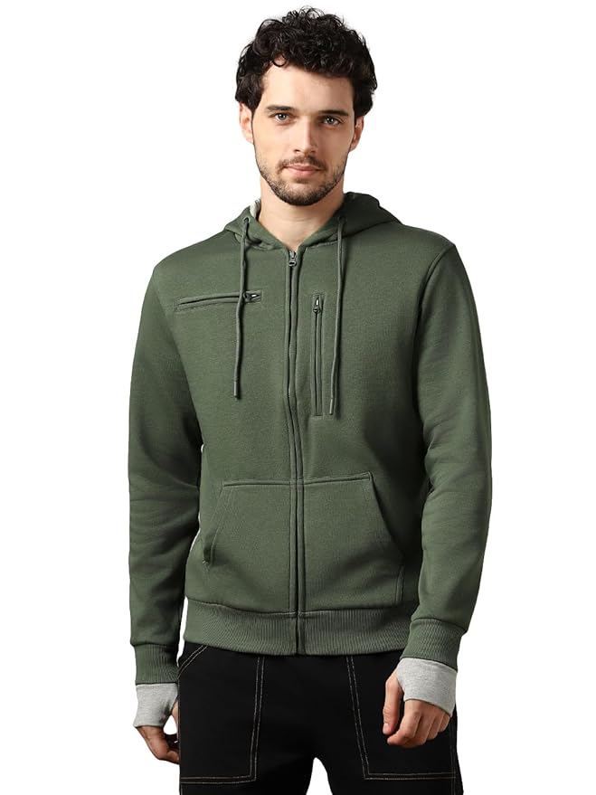 Men's Olive Green Multi-Pocket Full-Zip Hoodie