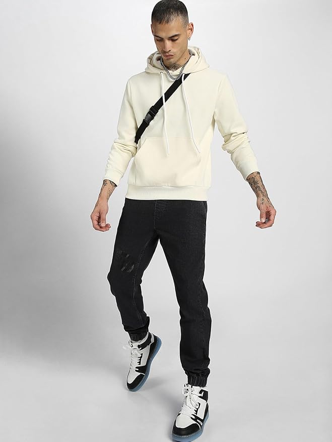 Men's Off-White Solid Pullover Hoodie with Contrast Cords