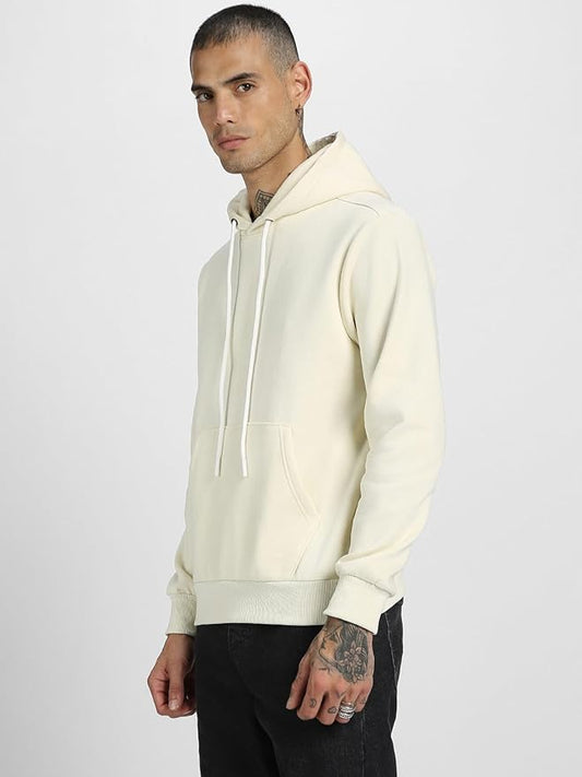 Men's Off-White Solid Pullover Hoodie with Contrast Cords