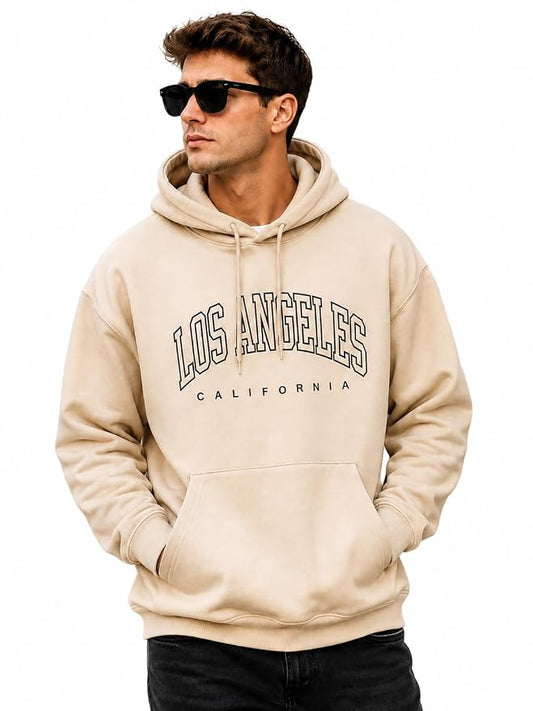 Men's Beige 'Los Angeles California' Printed Oversized Hoodie
