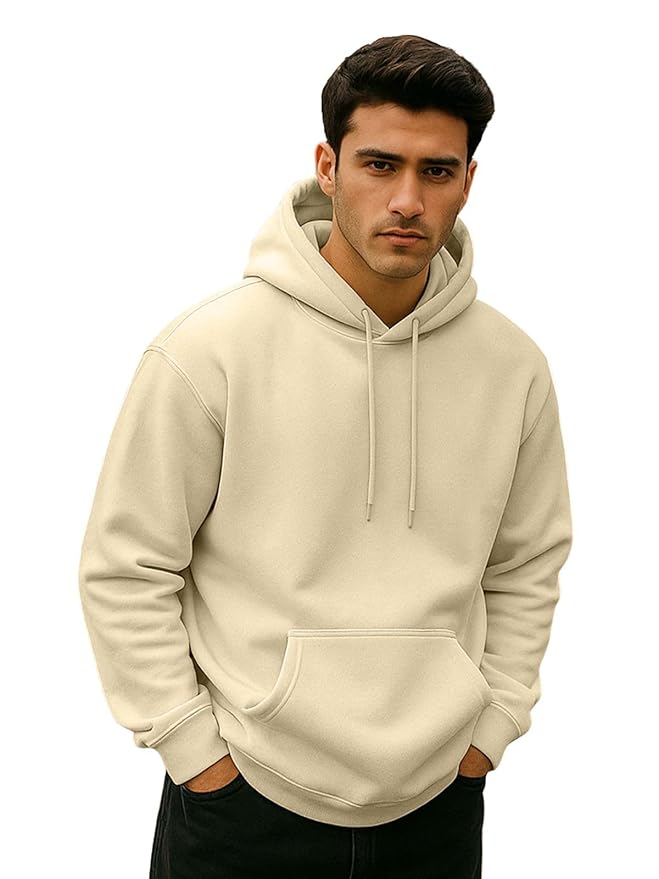 Men's Off-White Solid Pullover Hoodie with Contrast Cords