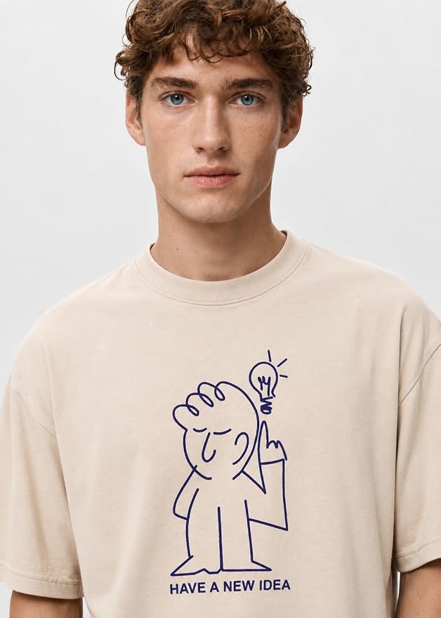 Men's Beige Graphic Printed Oversized T-Shirt