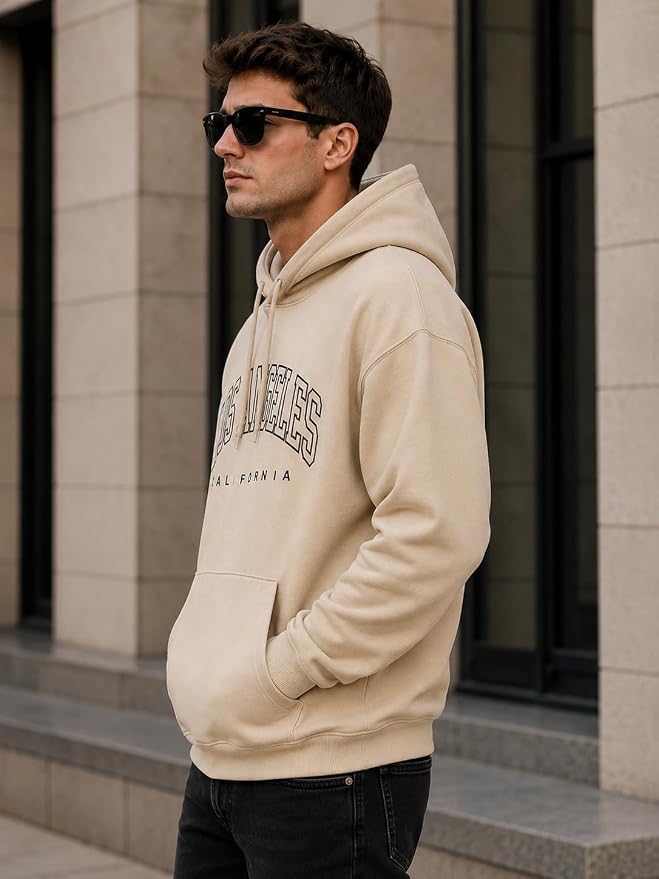 Men's Beige 'Los Angeles California' Printed Oversized Hoodie