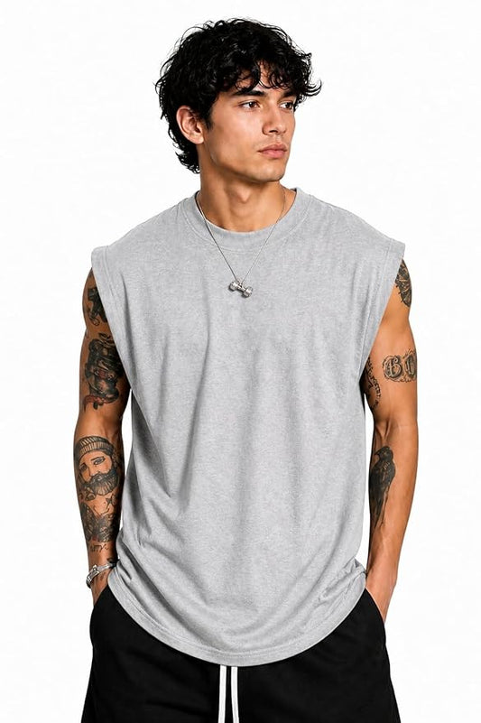 Men's Grey Melange Oversized Muscle Fit Tank Top