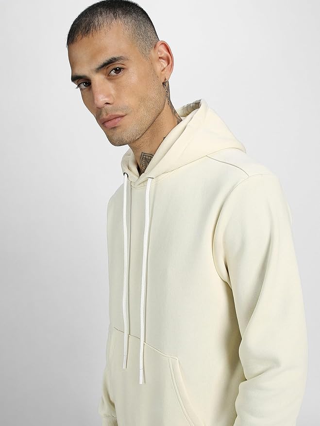 Men's Off-White Solid Pullover Hoodie with Contrast Cords