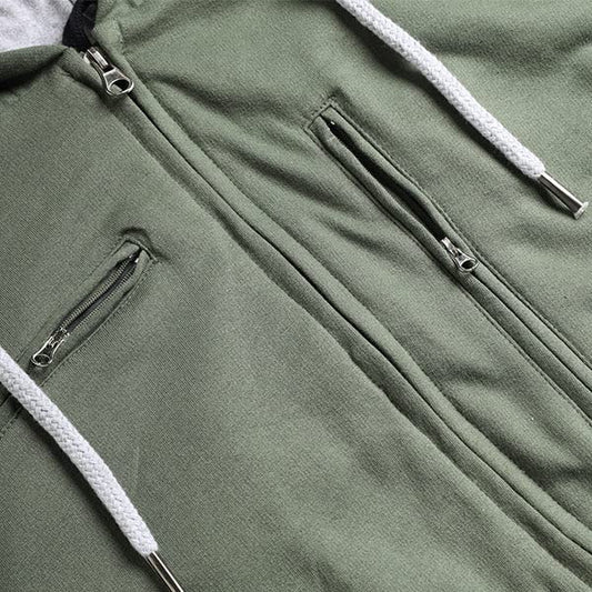 Men's Olive Green Multi-Pocket Full-Zip Hoodie