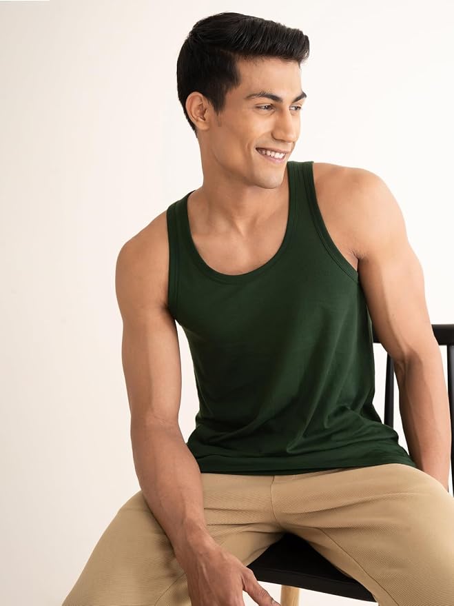 Men's Dark Green Solid Cotton Gym Tank Top Vest