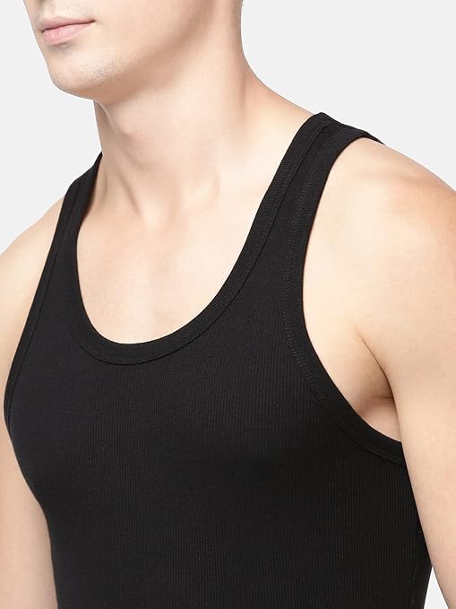 Men's Solid Black Cotton Ribbed Gym Vest