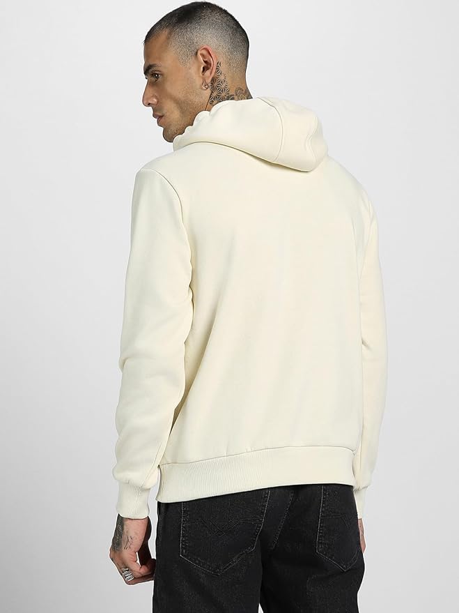 Men's Off-White Solid Pullover Hoodie with Contrast Cords