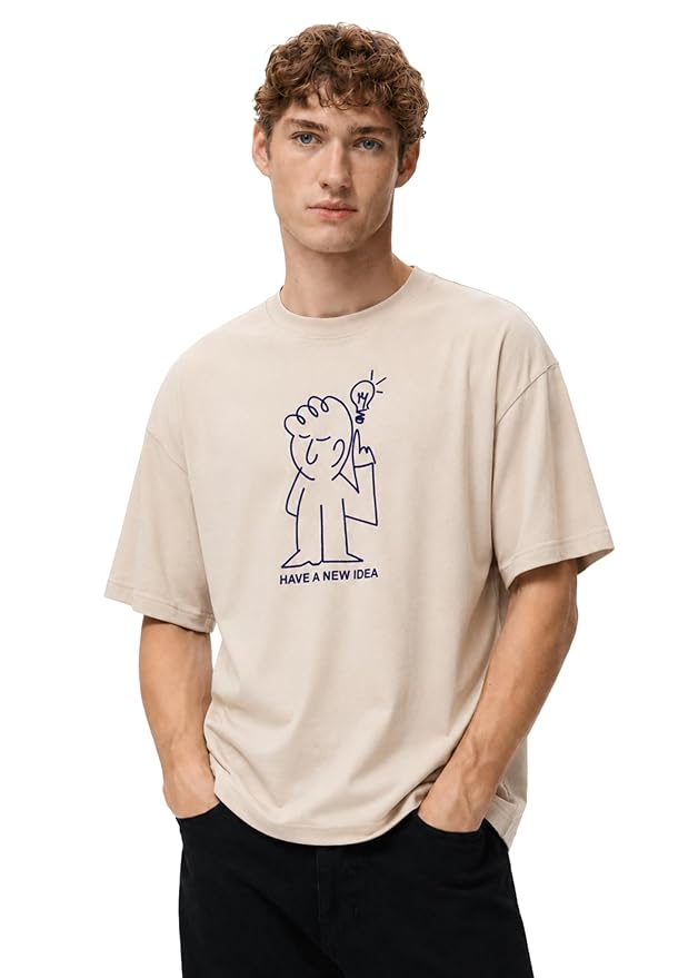 Men's Beige Graphic Printed Oversized T-Shirt