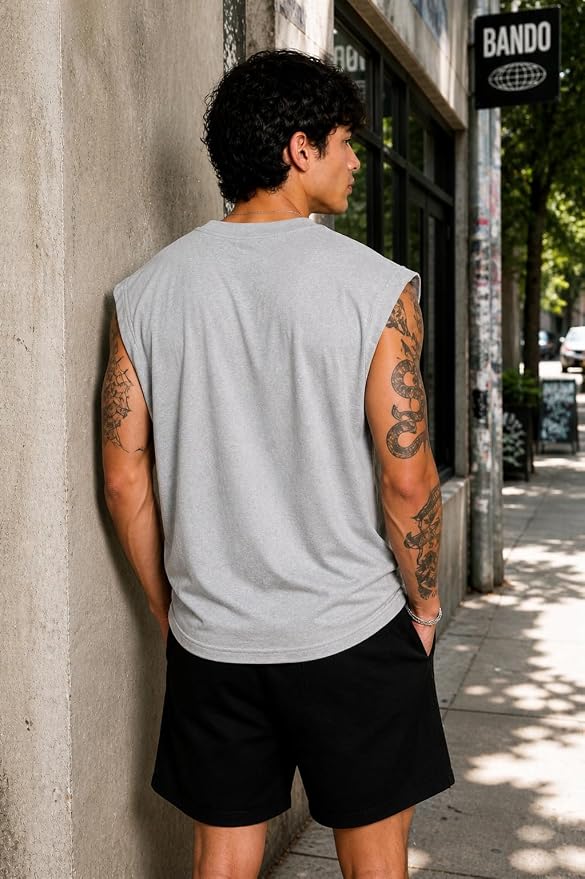 Men's Grey Melange Oversized Muscle Fit Tank Top