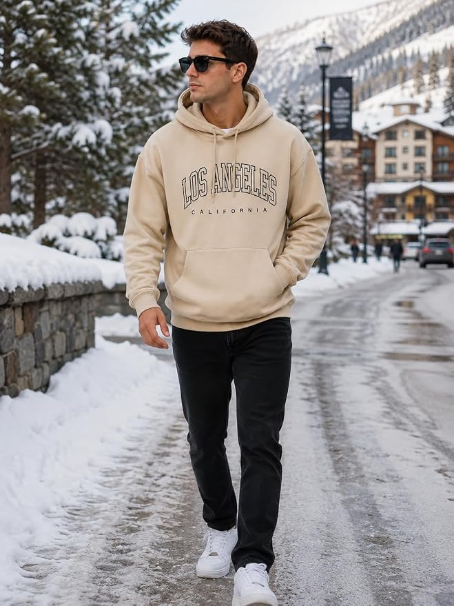 Men's Beige 'Los Angeles California' Printed Oversized Hoodie