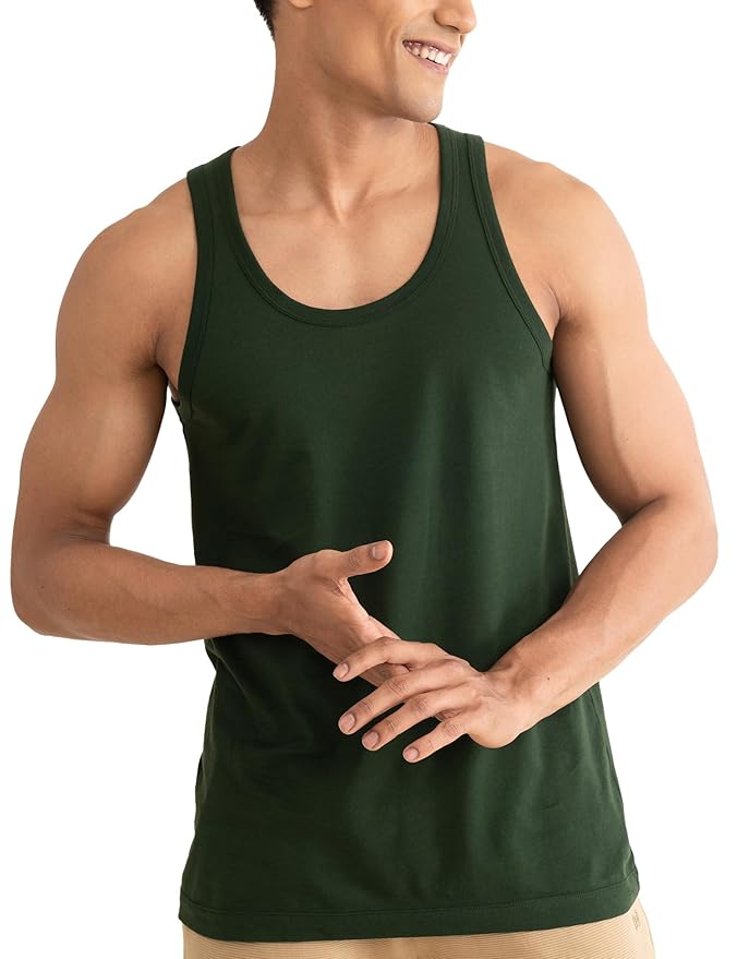 Men's Dark Green Solid Cotton Gym Tank Top Vest