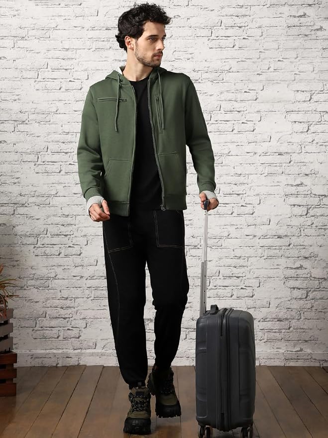 Men's Olive Green Multi-Pocket Full-Zip Hoodie