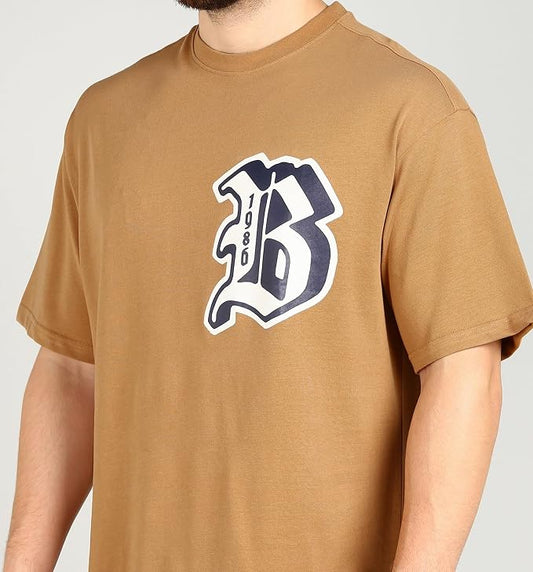 Men's Tan Brown Varsity Graphic Oversized T-Shirt