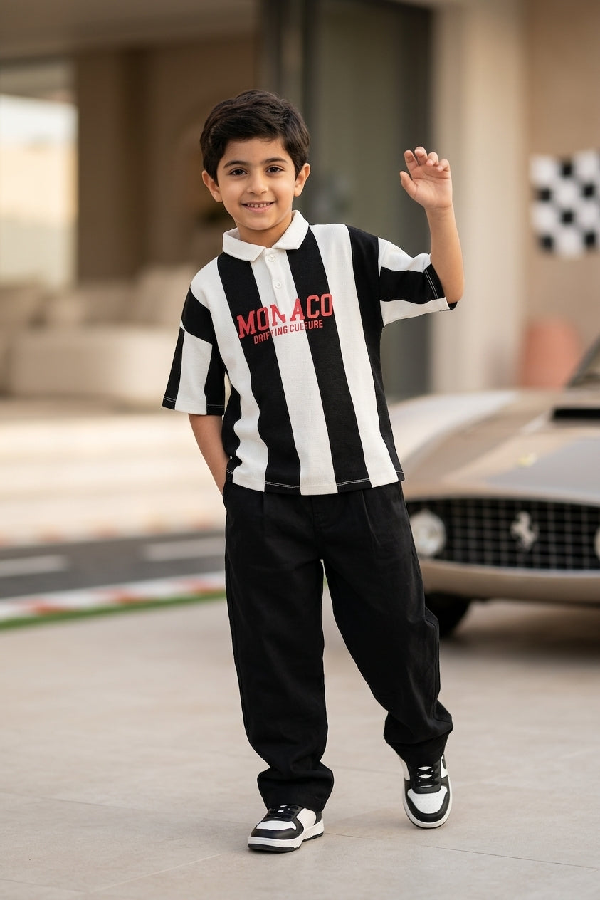 Black Stripes Regular Fit Polos For Boys
