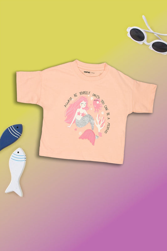 Peach Mermaid Printed Regular Fit T-Shirt For Girls