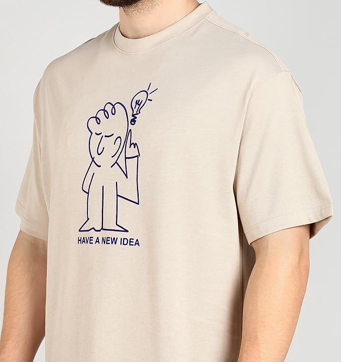 Men's Beige Graphic Printed Oversized T-Shirt