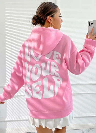 Lzuri Fashion Women's Back Printed Pink Hoodie Sweatshirt for Winter